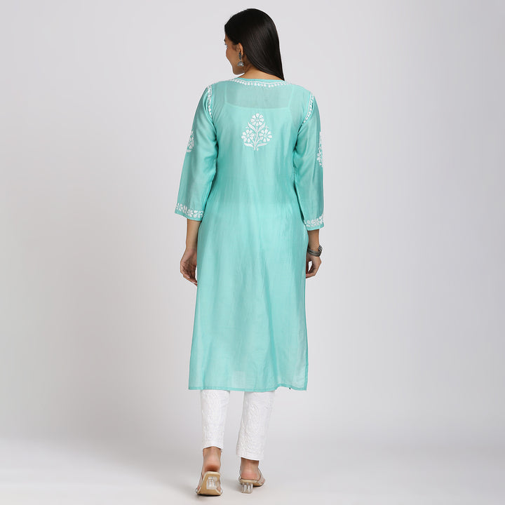 SAKHI CHANDERI CHIKANKARI LONG KURTI