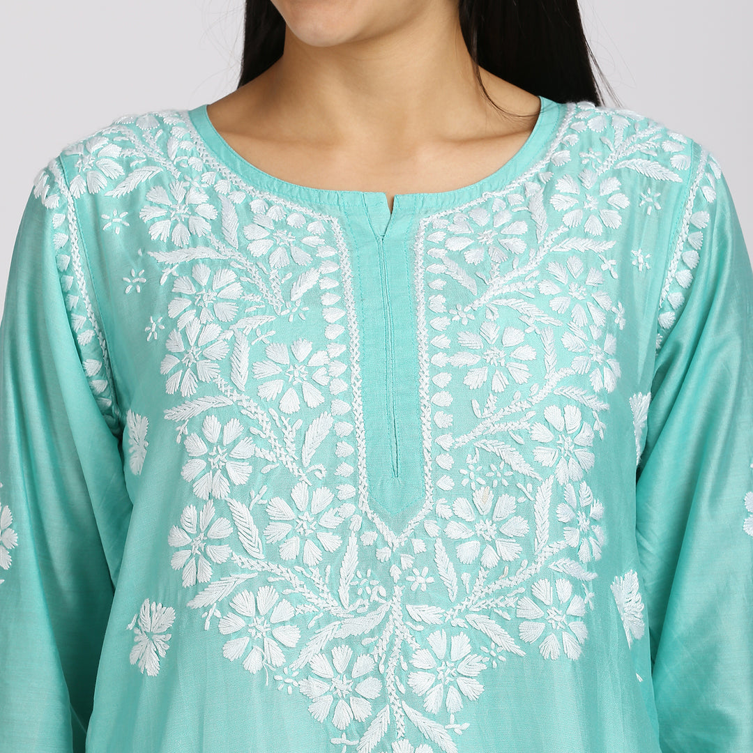 SAKHI CHANDERI CHIKANKARI LONG KURTI