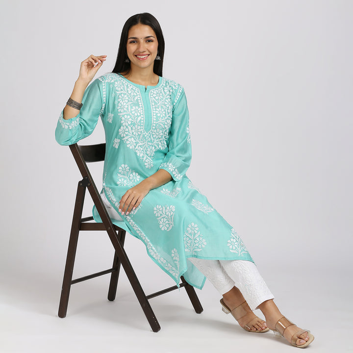 SAKHI CHANDERI CHIKANKARI LONG KURTI