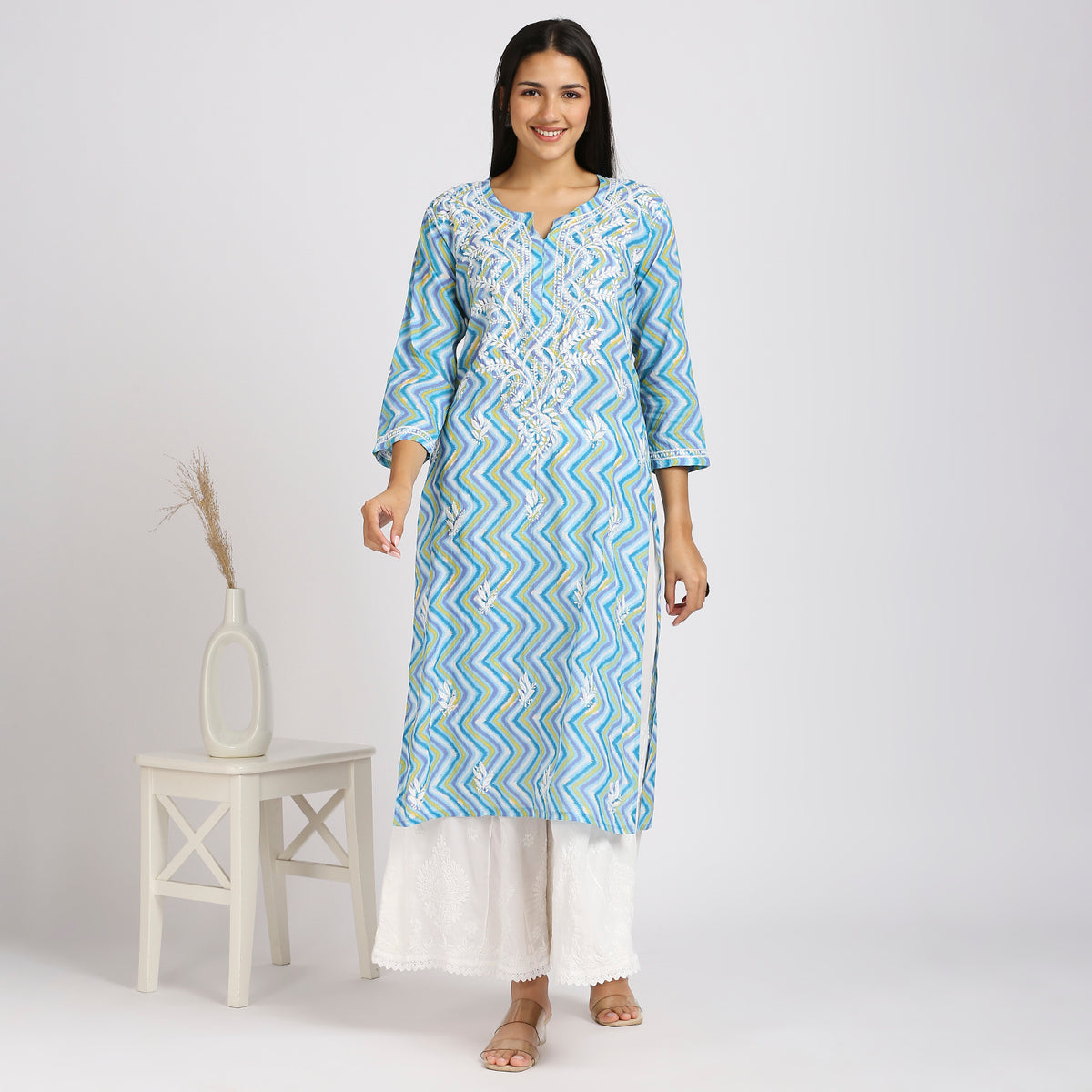 Anvi Cotton Printed Chikankari Long Kurti
