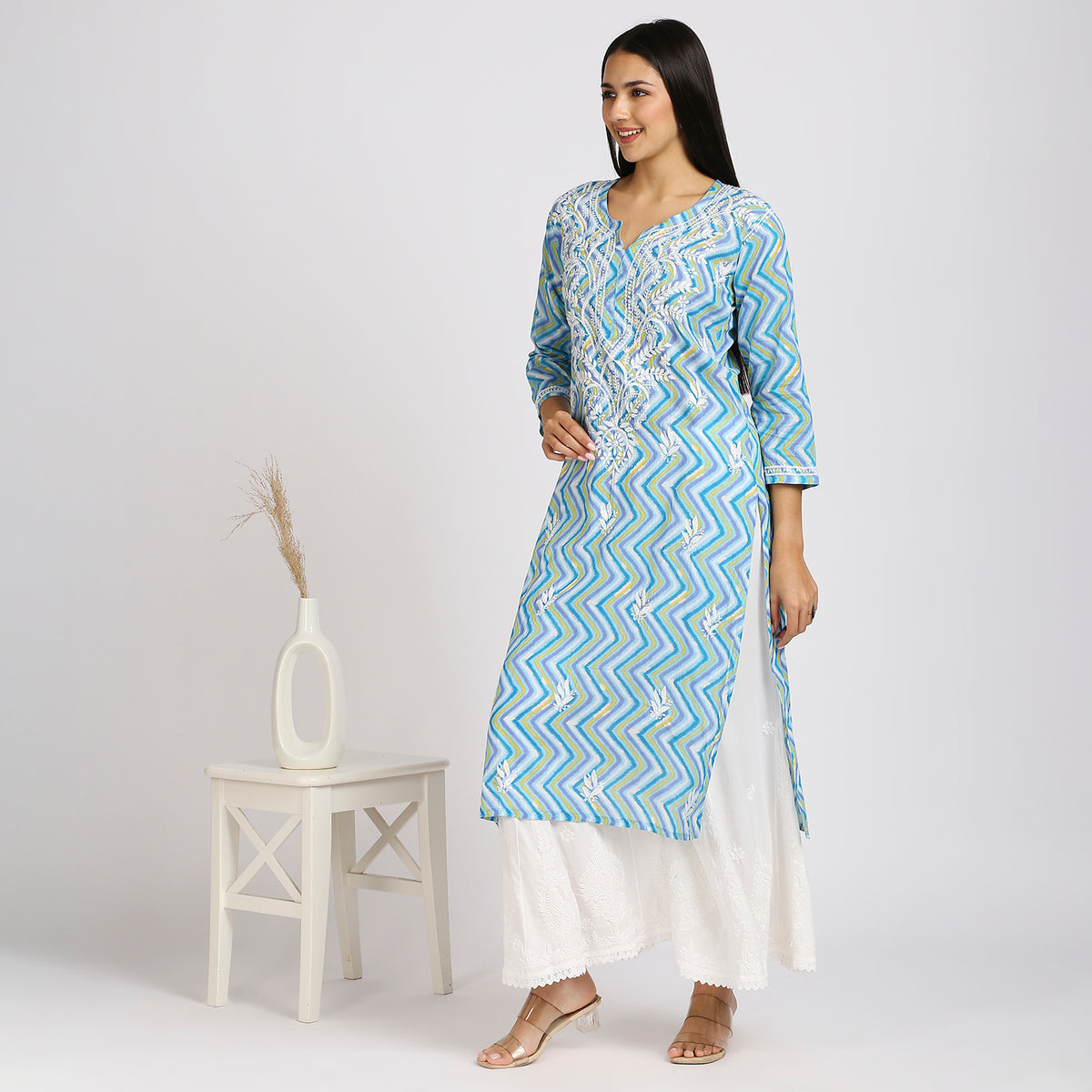 Anvi Cotton Printed Chikankari Long Kurti