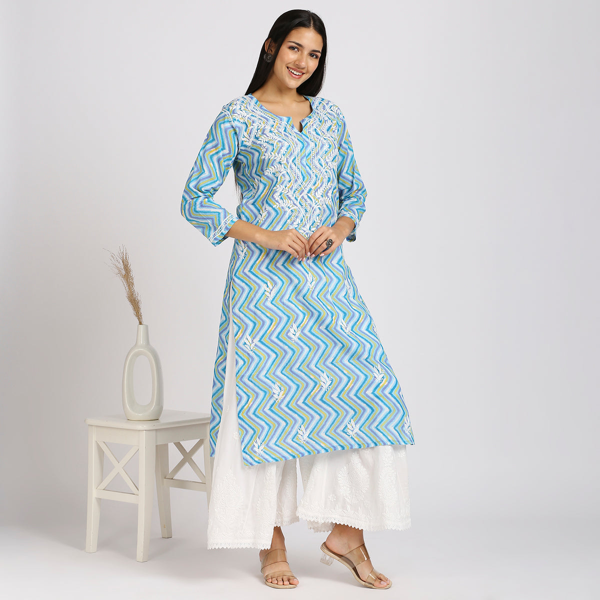 Anvi Cotton Printed Chikankari Long Kurti