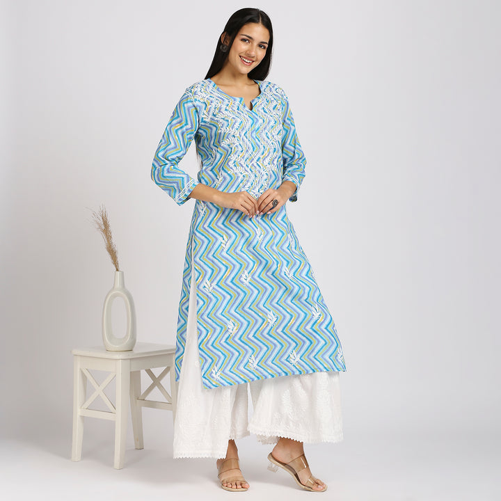 ANVI COTTON PRINTED CHIKANKARI LONG KURTI