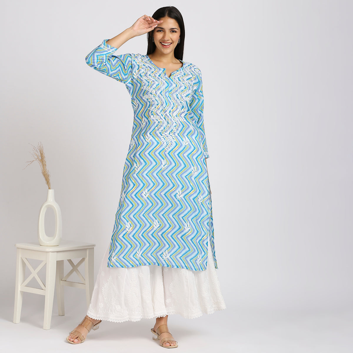 Anvi Cotton Printed Chikankari Long Kurti