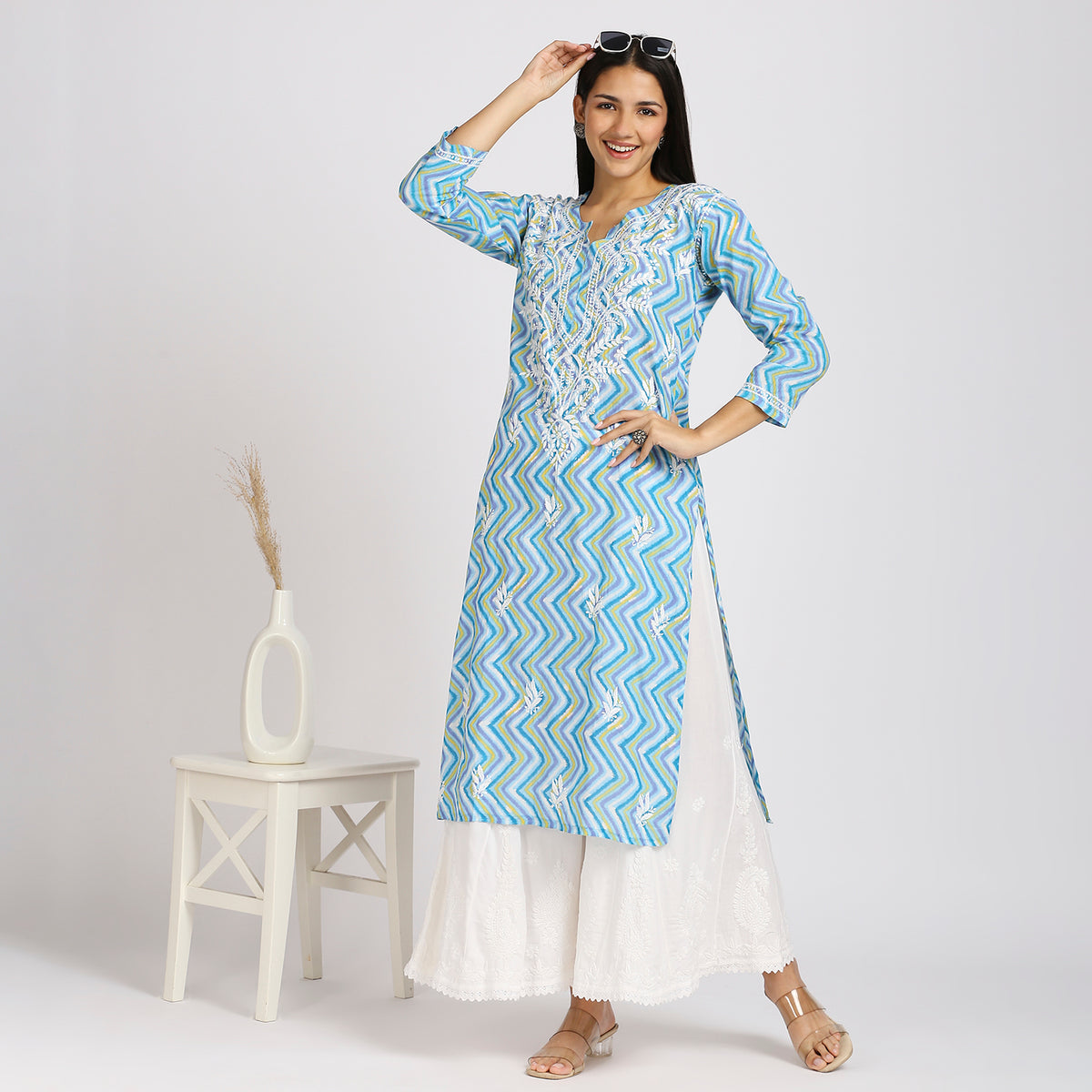 Anvi Cotton Printed Chikankari Long Kurti