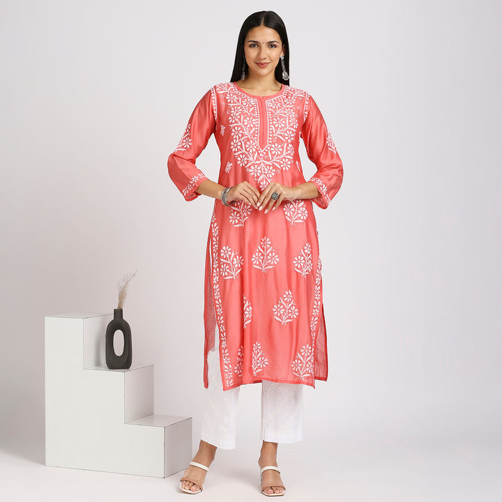 SAKHI CHANDERI CHIKANKARI LONG KURTI