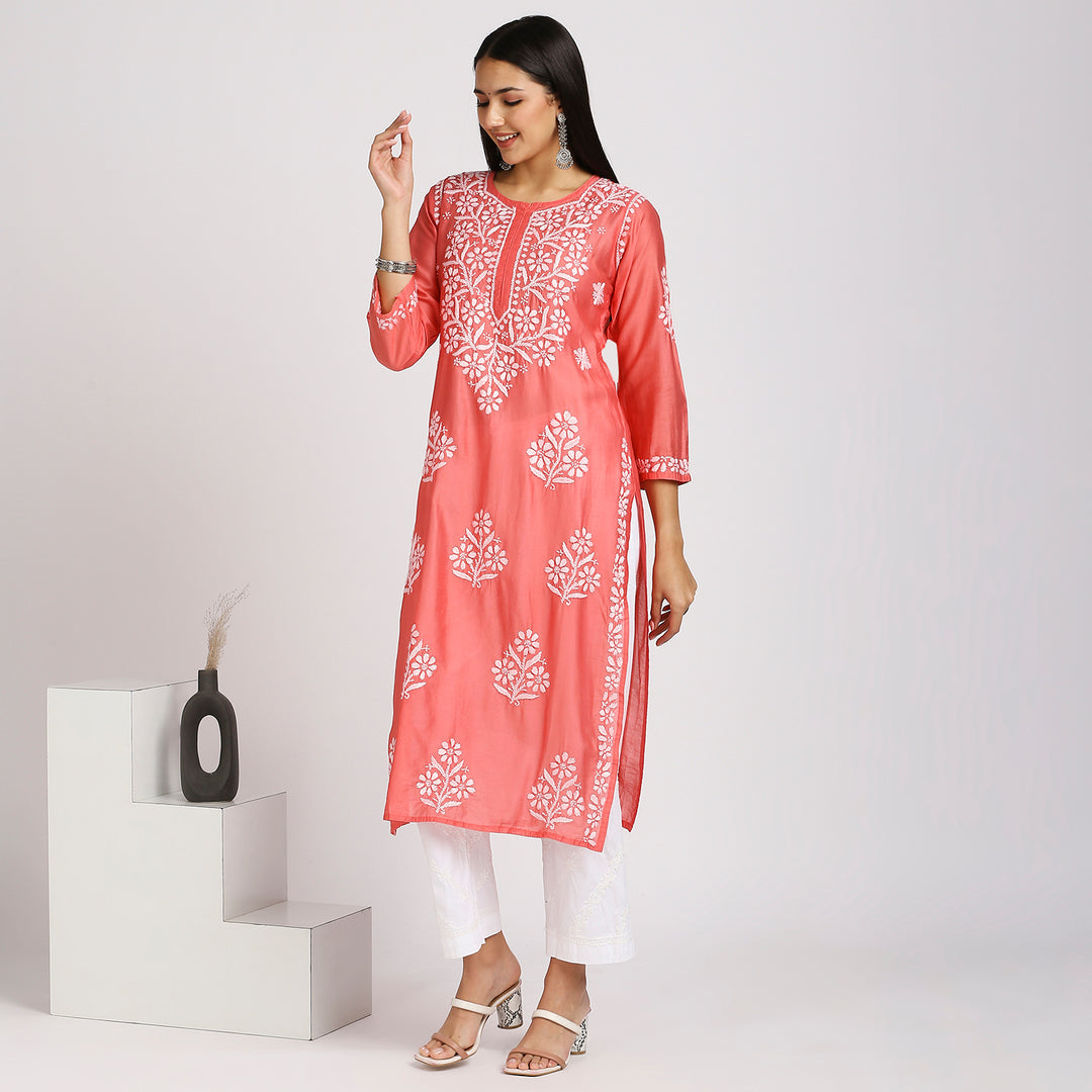 SAKHI CHANDERI CHIKANKARI LONG KURTI