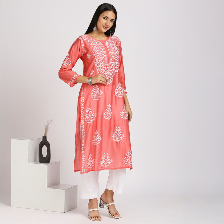 SAKHI CHANDERI CHIKANKARI LONG KURTI