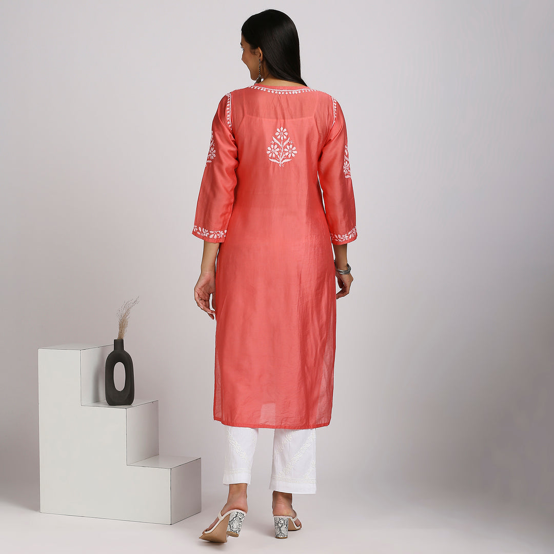 SAKHI CHANDERI CHIKANKARI LONG KURTI