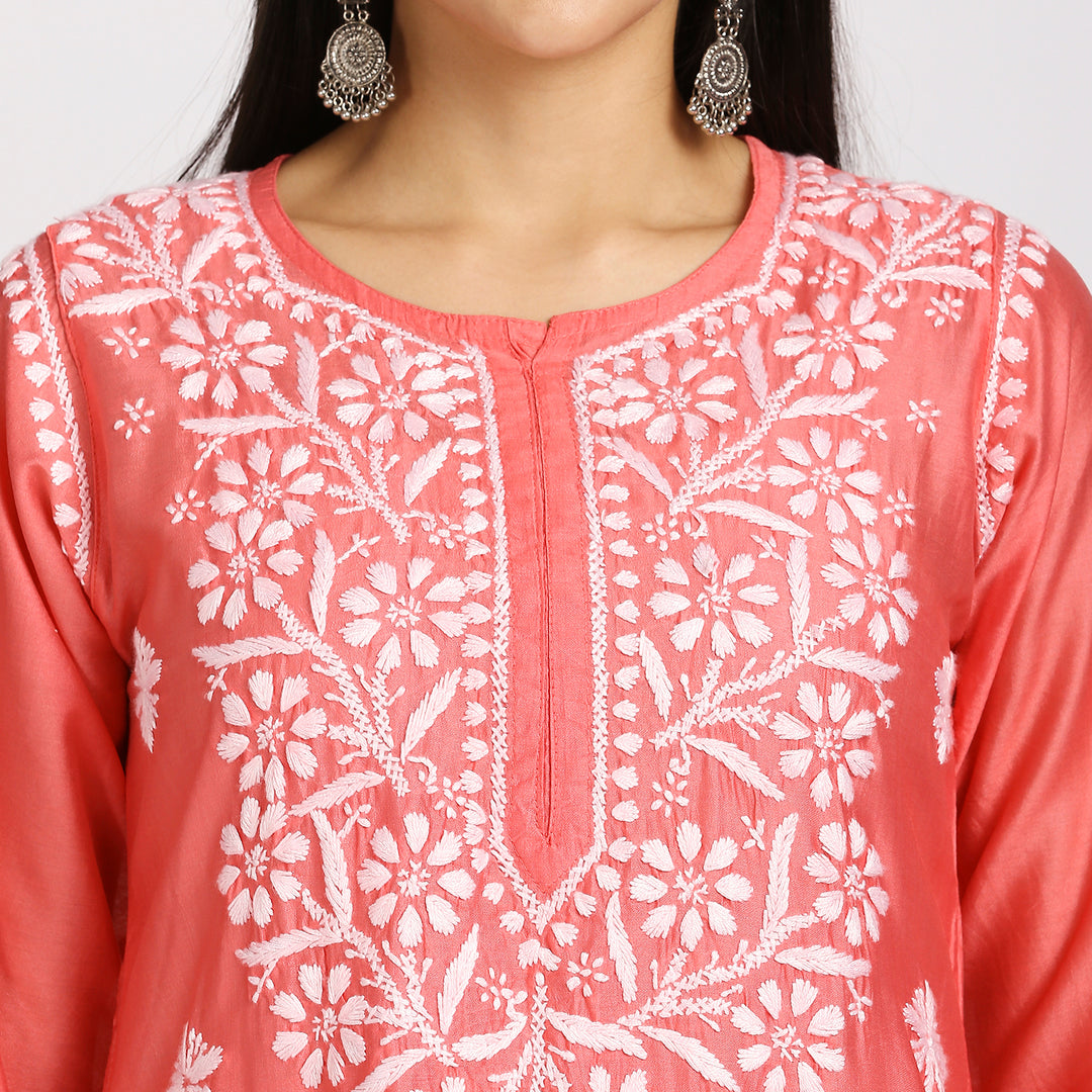 SAKHI CHANDERI CHIKANKARI LONG KURTI