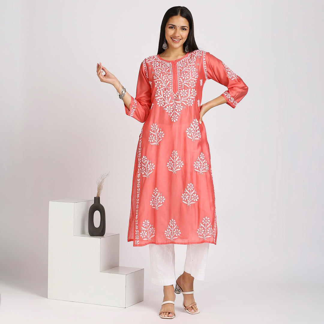 SAKHI CHANDERI CHIKANKARI LONG KURTI