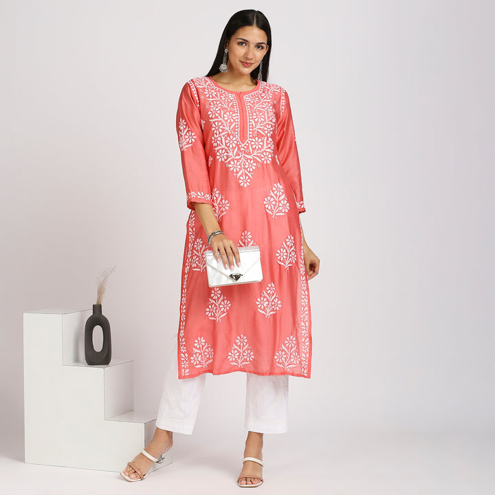 SAKHI CHANDERI CHIKANKARI LONG KURTI