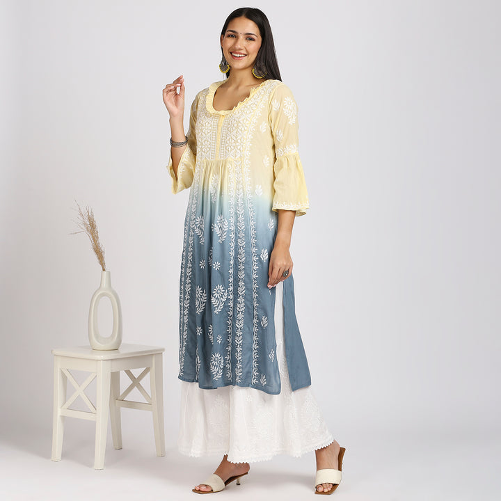 FARIA MUL COTTON CHIKANKARI LONG KURTI