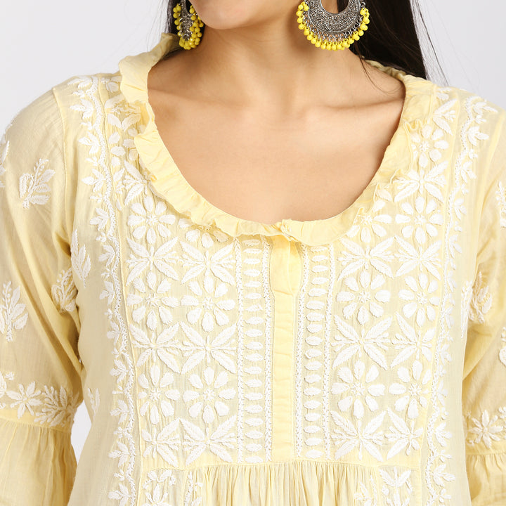 FARIA MUL COTTON CHIKANKARI LONG KURTI