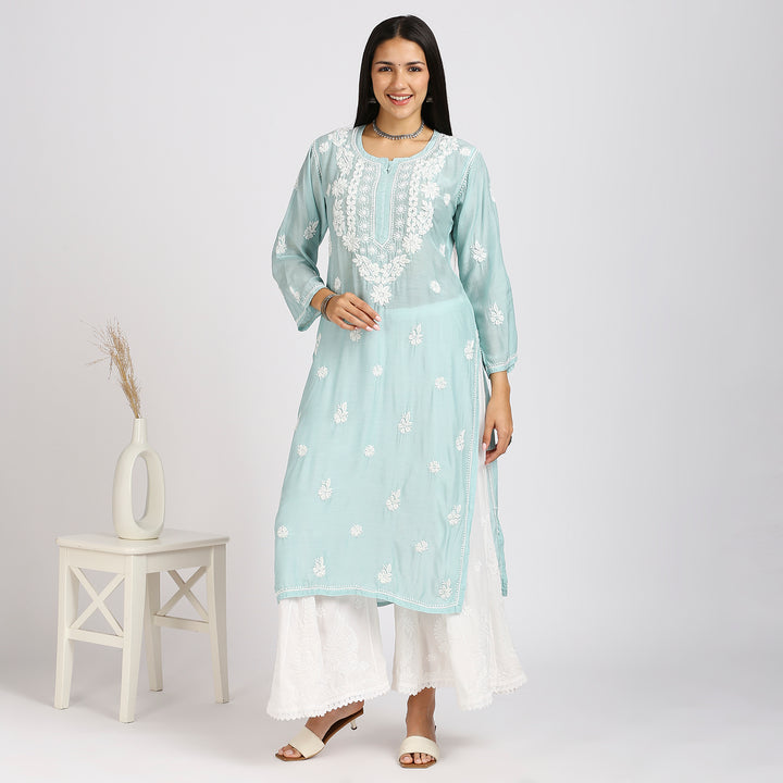 NAUSHEEN MUSLIN CHIKANKARI LONG KURTI