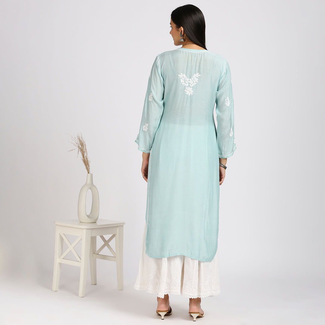 NAUSHEEN MUSLIN CHIKANKARI LONG KURTI