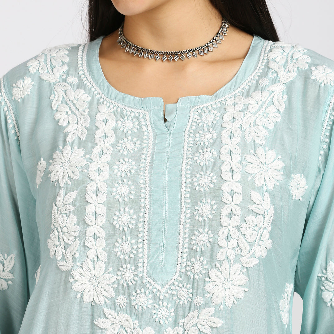 NAUSHEEN MUSLIN CHIKANKARI LONG KURTI