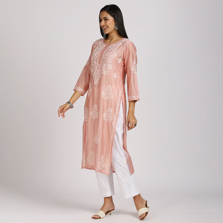 SAKHI CHANDERI CHIKANKARI LONG KURTI