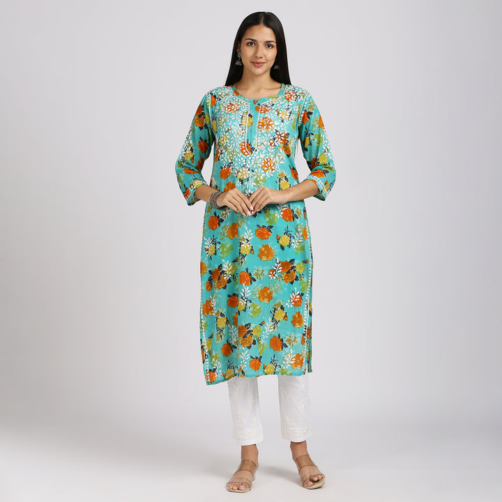 NASREEN COTTON CHIKANKARI LONG KURTI