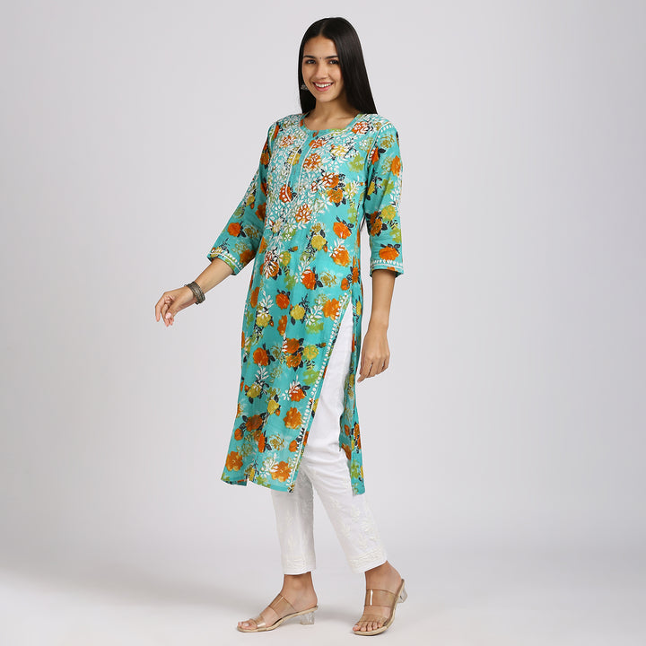 NASREEN COTTON CHIKANKARI LONG KURTI