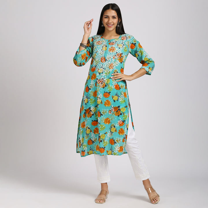 NASREEN COTTON CHIKANKARI LONG KURTI