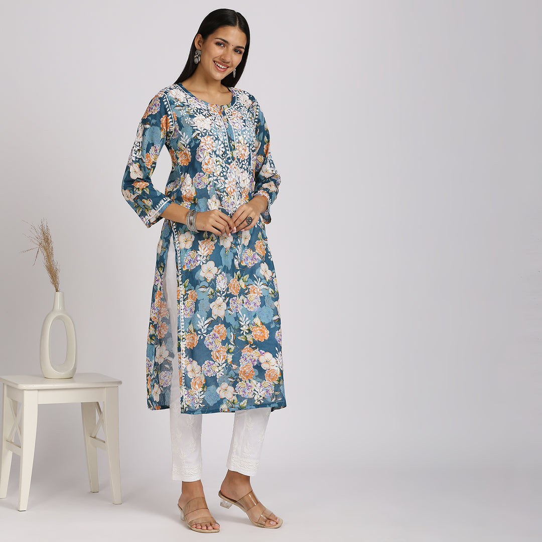 NASREEN PRINTED CHIKANKARI LONG KURTI