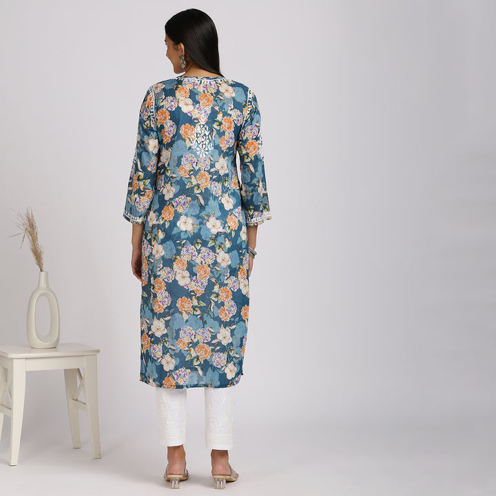 NASREEN PRINTED CHIKANKARI LONG KURTI