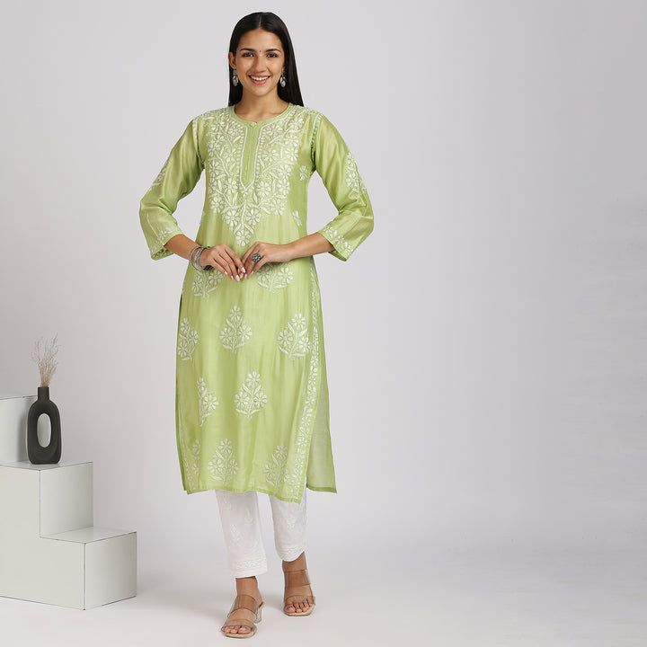 SAKHI CHANDERI CHIKANKARI LONG KURTI