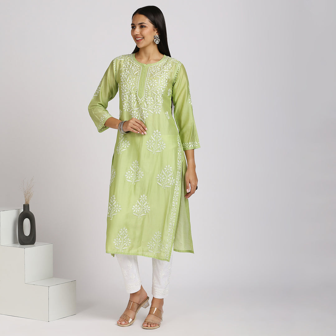 SAKHI CHANDERI CHIKANKARI LONG KURTI