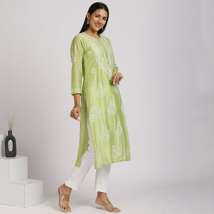 SAKHI CHANDERI CHIKANKARI LONG KURTI