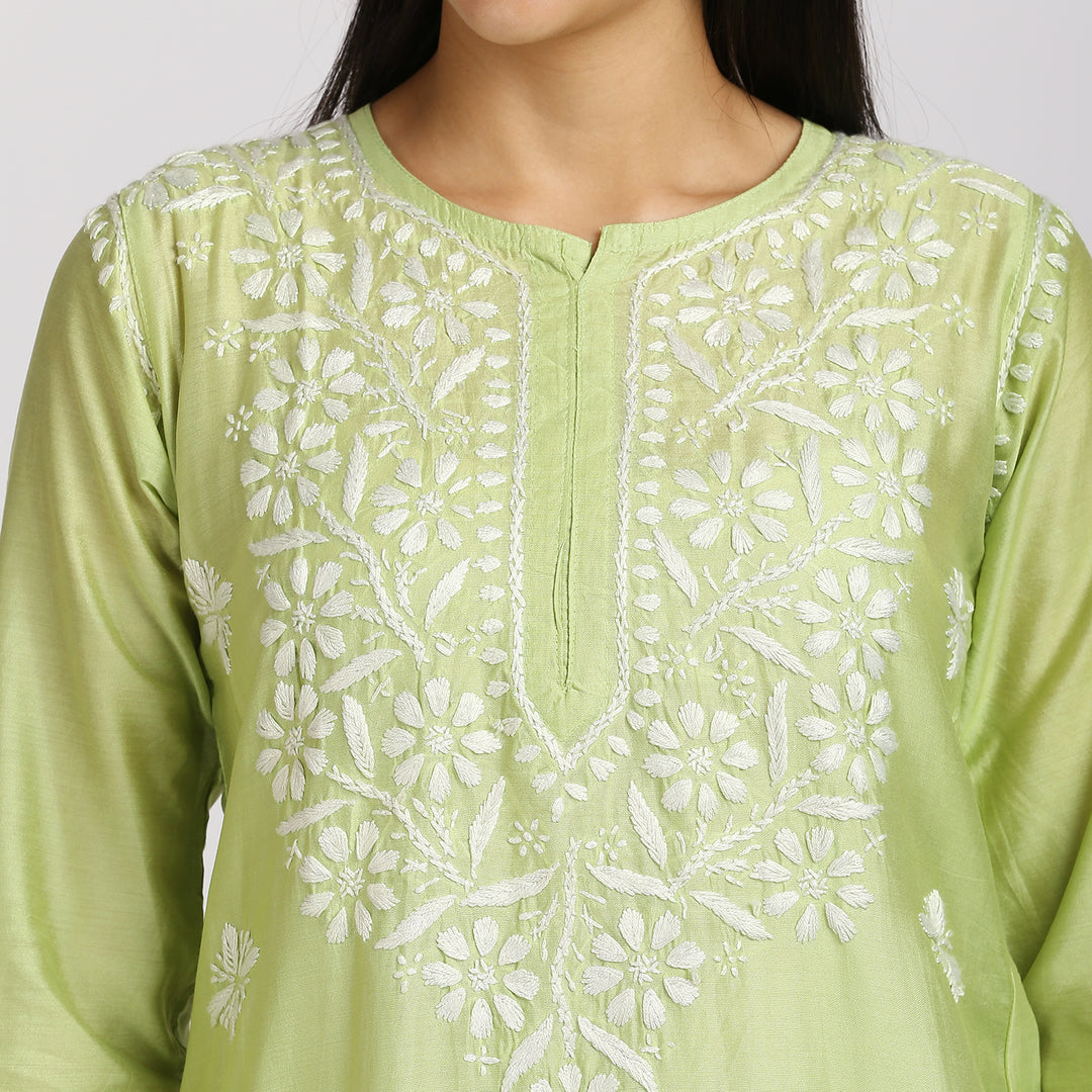 SAKHI CHANDERI CHIKANKARI LONG KURTI