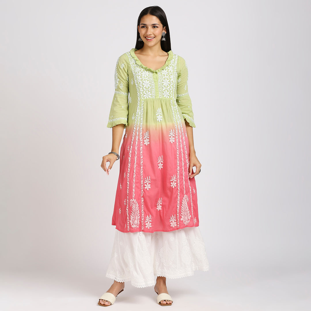 FARIA MUL COTTON CHIKANKARI LONG KURTI