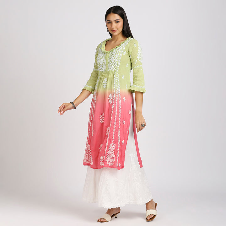 FARIA MUL COTTON CHIKANKARI LONG KURTI