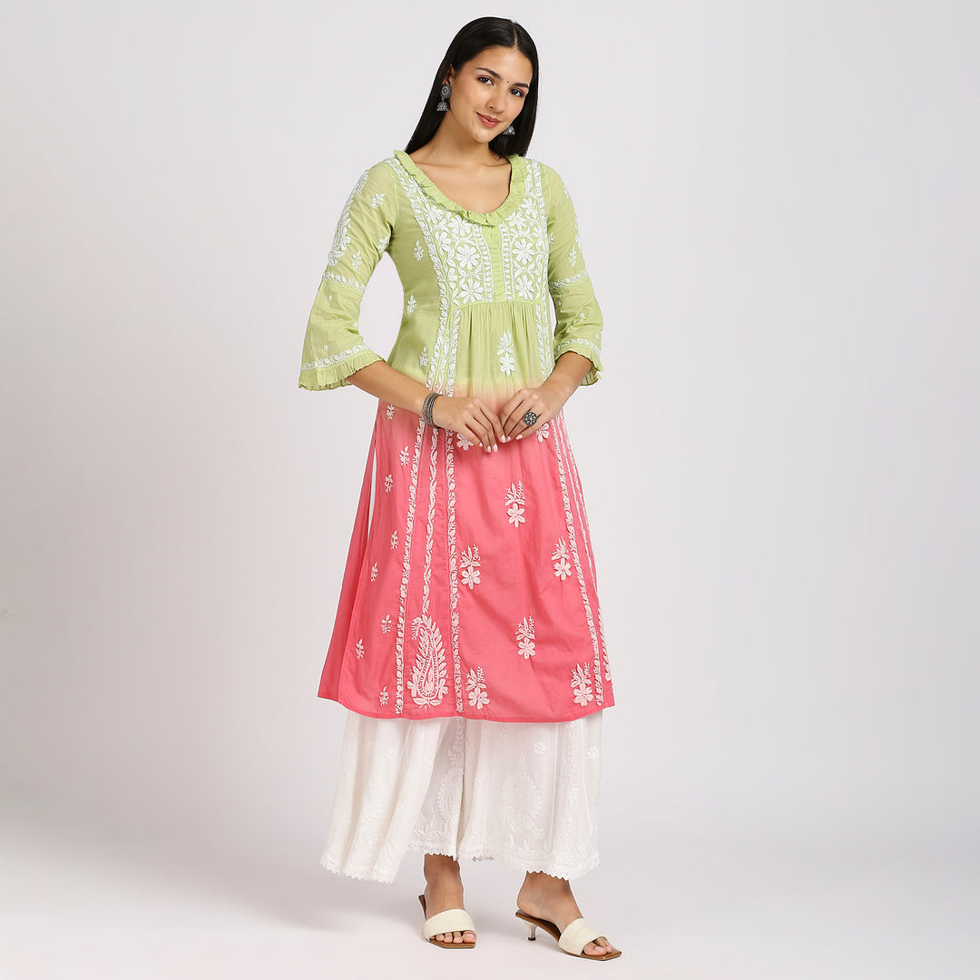 FARIA MUL COTTON CHIKANKARI LONG KURTI