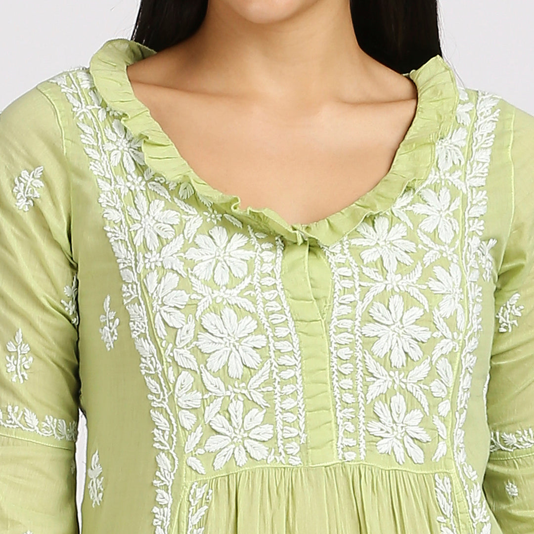 FARIA MUL COTTON CHIKANKARI LONG KURTI