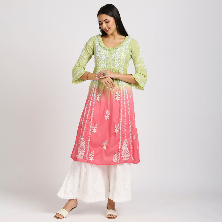 FARIA MUL COTTON CHIKANKARI LONG KURTI