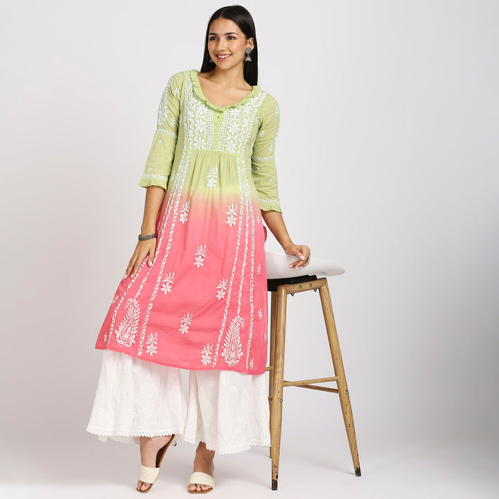 FARIA MUL COTTON CHIKANKARI LONG KURTI