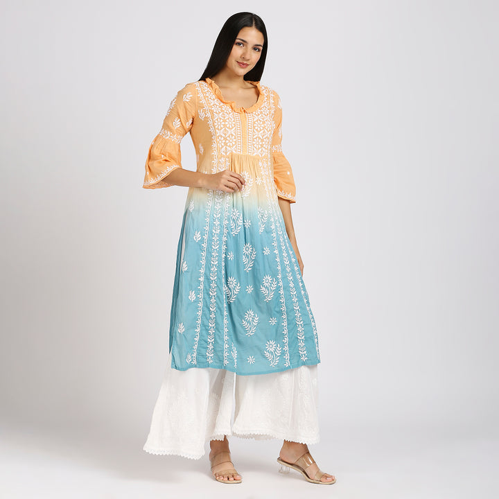 FARIA MUL COTTON CHIKANKARI LONG KURTI