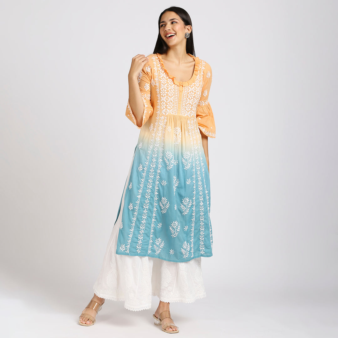 FARIA MUL COTTON CHIKANKARI LONG KURTI