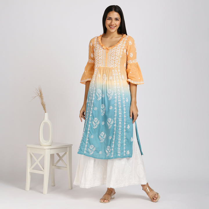 FARIA MUL COTTON CHIKANKARI LONG KURTI