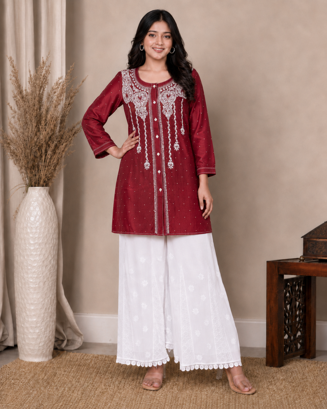 Saisha chikankari tusser silk short Kurti