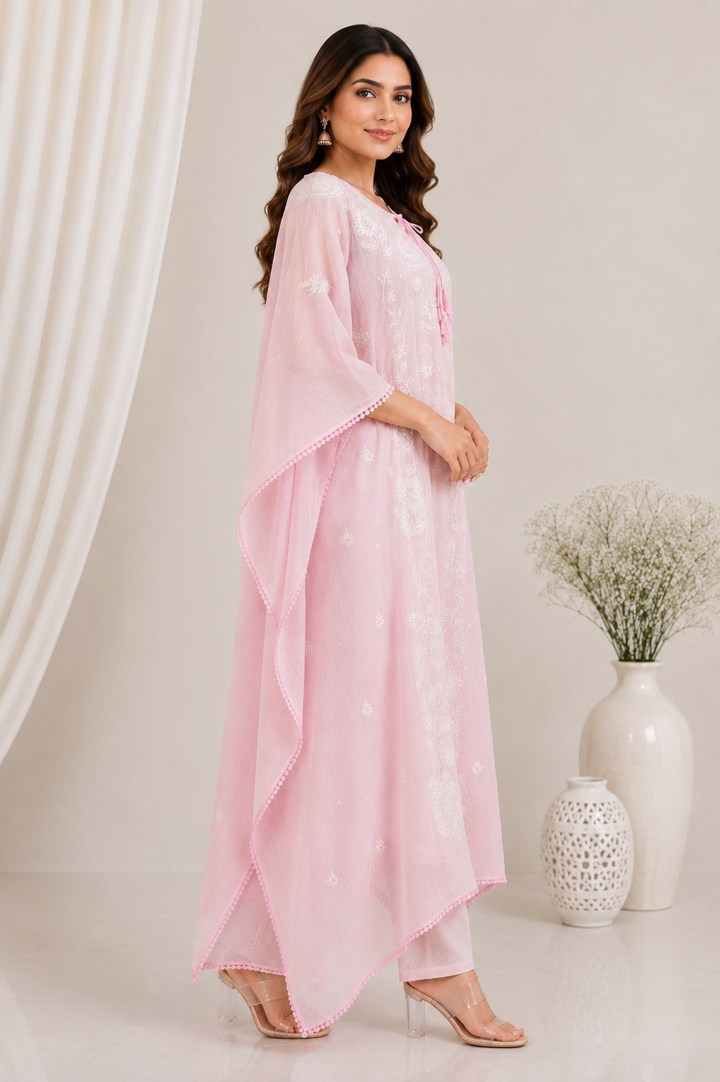 Chikankari Mul Chanderi Kaftan