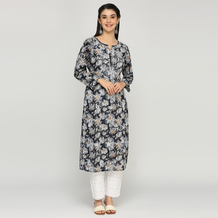 MUL COTTON CHIKANKARI PRINTED LONG KURTI