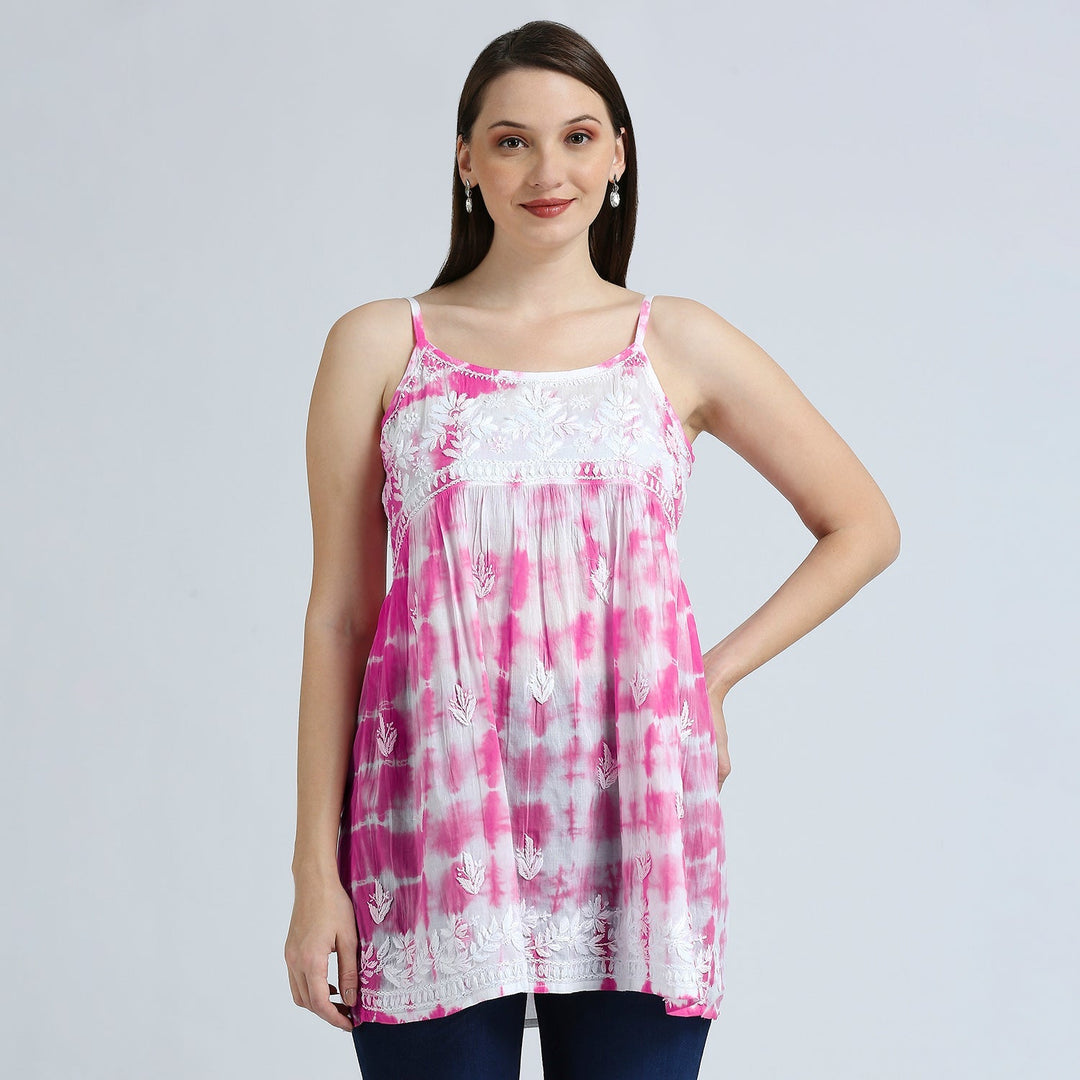 MARIA TIE AND DYE CHIKANKARI SPAGHETTI TOPS