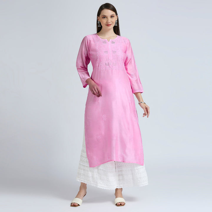 AROHA CHANDERI CHIKANKARI LONG KURTI