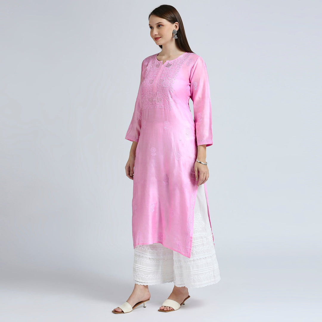 AROHA CHANDERI CHIKANKARI LONG KURTI