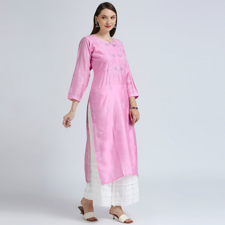 AROHA CHANDERI CHIKANKARI LONG KURTI