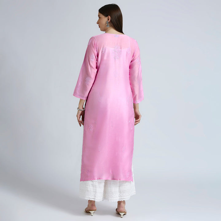 AROHA CHANDERI CHIKANKARI LONG KURTI