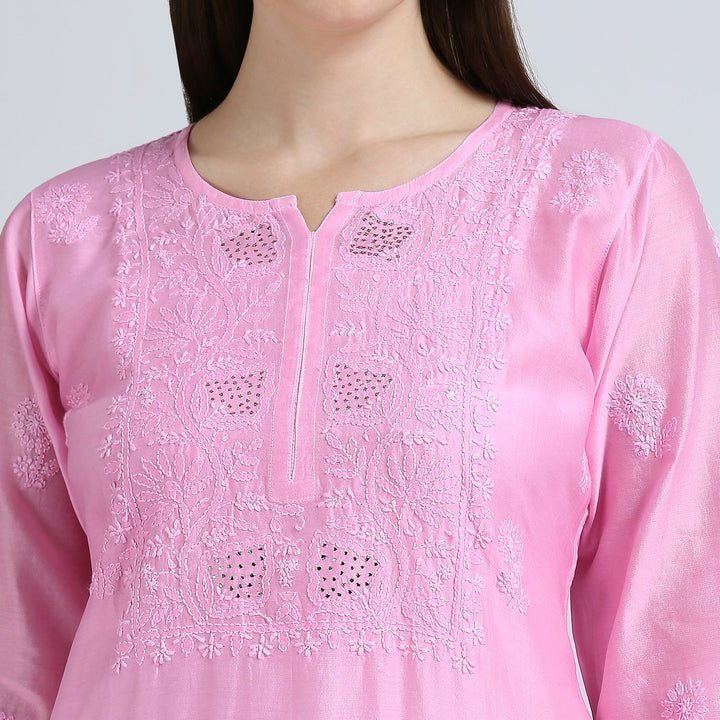 AROHA CHANDERI CHIKANKARI LONG KURTI