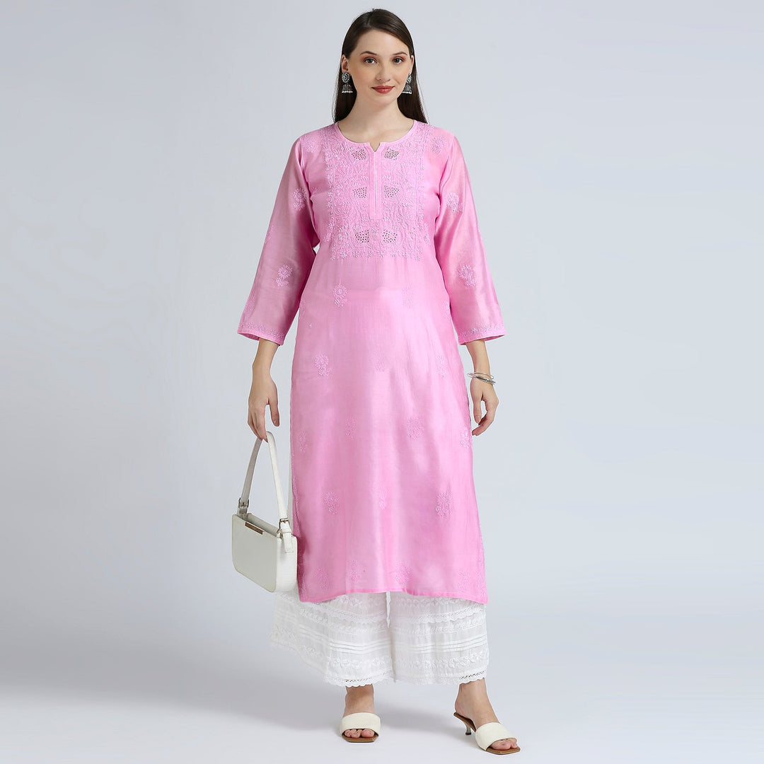 AROHA CHANDERI CHIKANKARI LONG KURTI